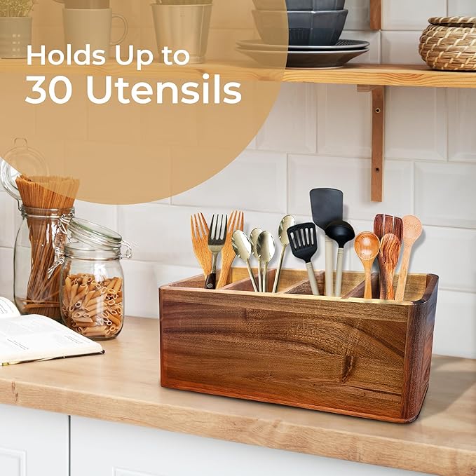 Dstuff Large Kitchen Utensil Holder Organizer for Counter or Countertop, Wooden Storage Container for Cooking and Silverware, Acacia Rustic Wood (4 Compartments)