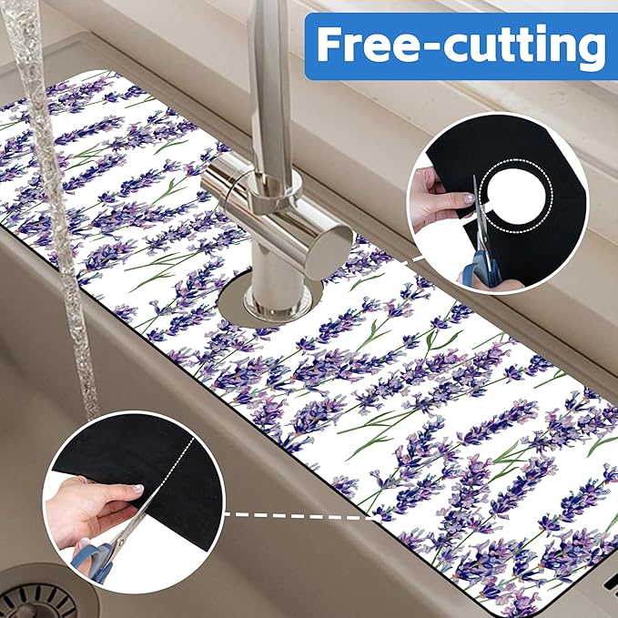 Watercolor Lavender Bunches Kitchen Sink Splash Guard Mat Absorbent Fast Drying Mat Faucet Draining Mat Sink Splash Guard Behind Faucet Drip Catcher for Kitchen Bathroom 5.5"×24"