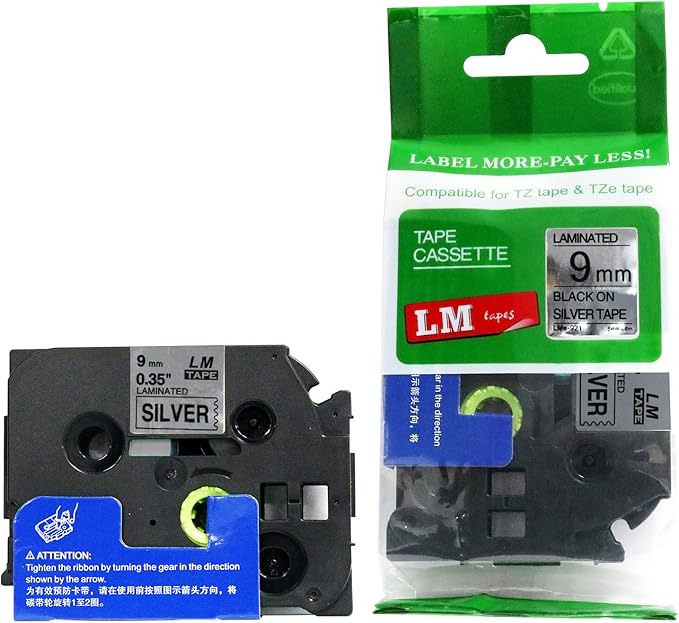 1/Pack LM Tapes - LMe921 Premium 3/8" Black Print on Silver Label Compatible with P-Touch TZe-921 Tape and Includes Tape Color/Size Guide. Replaces TZ-921 9mm 0.35 Laminated.