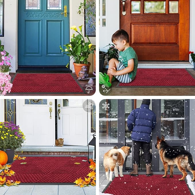 Smiry Front Door Mat Outside Entrance, Heavy Duty Sturdy Natural Rubber Doormat, Trap Dirt and Moisture, Easy Clean Low Profile Mats for Indoor Outdoor Entry, Irregular Triangle (29.5x17, Wine Red)
