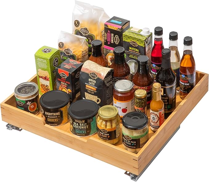 HOLDN’ STORAGE Bamboo Wooden Pull out Cabinet Organizer 20" W x 21" D - Requires At Least a 21.25" W x 21" D. Cabinet Opening. W/Lifetime Limited Warranty. Bamboo Tray and Heavy gauge metal rails.