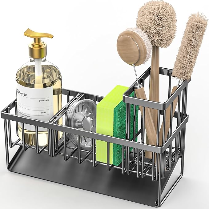 Cisily Kitchen Sink Caddy Organzier with High Brush Holder, Sponge Holder for Sink, 304 Rustproof Stainless, Kitchen Countertop Soap Dispenser Organizer