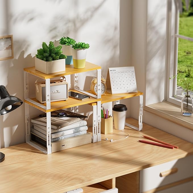 Kitchen Cabinet Organization Shelf,Set of 2 Height Adjustable Storage Racks,Stackable,Expandable,Countertop Shelves Organizer,Pantry Shelving(2PACKS/Medium/White