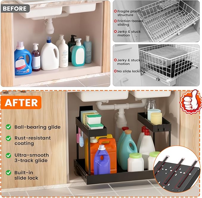 Expandable Under Sink Organizers and Storage,Width Adjustable (14.9-23.6IN),No Drill 2-Tier Pull Out Under Cabinet Organizer for Kitchen Bathroom Laundry (black)