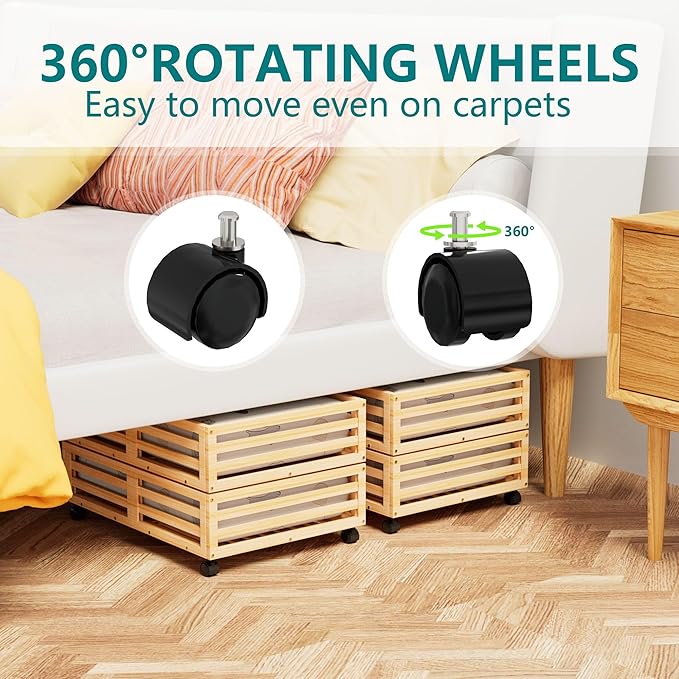 Bamboo Under Bed Storage Containers- Underbed Organizer with Wheels with Large Capacity Dust Bag,Sturdy Wood Rolling Under Bed Shoe Storage Organizer 2 Packs (Nature, 2 Packs (23.62"×16.54"))
