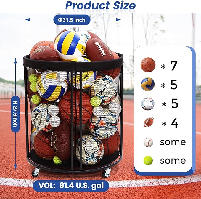 Ball Storage Bin, Sports Ball Storage Cart, Ball Holder with Wheels for Basketball, Soccer, Garage, School, Indoor, Outdoor Ball Basketball Storage Rack Upgraged
