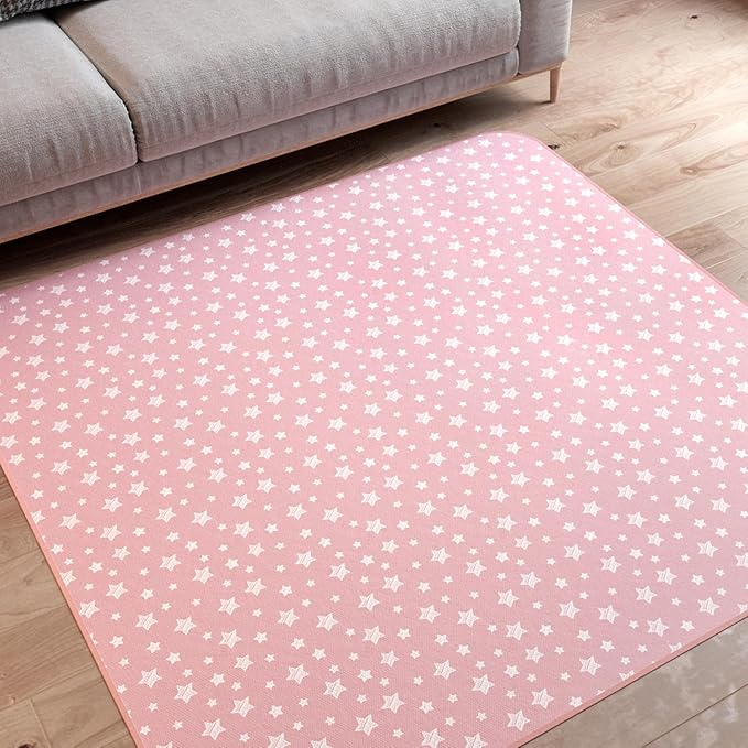 Baby Splat Mat Anti Slip Waterproof High Chair Mat, Baby Feeding Table Cloth Floor Mat Cover, Baby Art Playtime Mat for Craft/Mealtime, 42X46 Inch Washable Portable Picnic Mat - Pink Star
