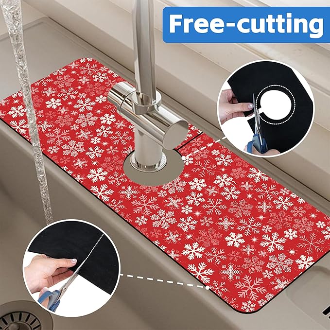 Christmas Snowflake Kitchen Sink Splash Guard Mat Absorbent Fast Drying Mat Faucet Draining Mat Sink Splash Guard Behind Faucet Drip Catcher for Kitchen Bathroom 5.5"×15"