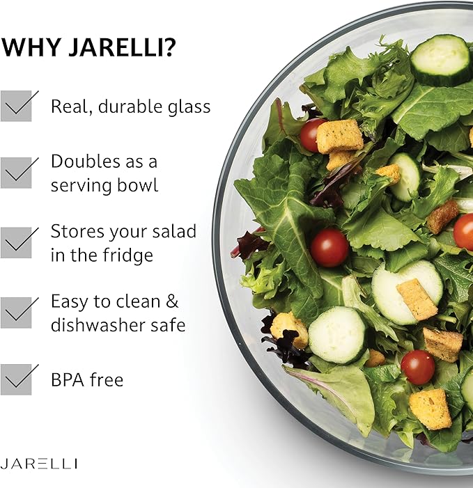 JARELLI Glass Salad Spinner Large Capacity 6.3QT with Storage Lid | Boroscilicate Glass Bowl and BPA-Free and Food-Safe Colander, Base, Spinner Lid and Storage Lid | Washing, Spinning, and Draining