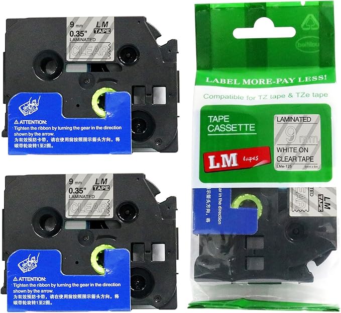 2/Pack LM Tapes - LMe125 Premium 3/8" White Print on Clear Label Compatible with P-Touch TZe125 Tape and Includes Tape Color/Size Guide. Replaces Ptouch TZ125 9mm 0.35 Laminated.