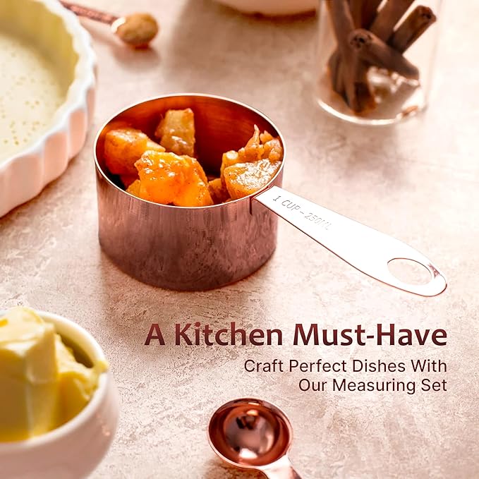 AGRUS Measuring Cups and Spoons Set of 9, Utensils for Dry and Liquid Ingredients, Copper Kitchen Accessories, Rose Copper Decor for Home, Stackable, Sturdy Stainless Steel