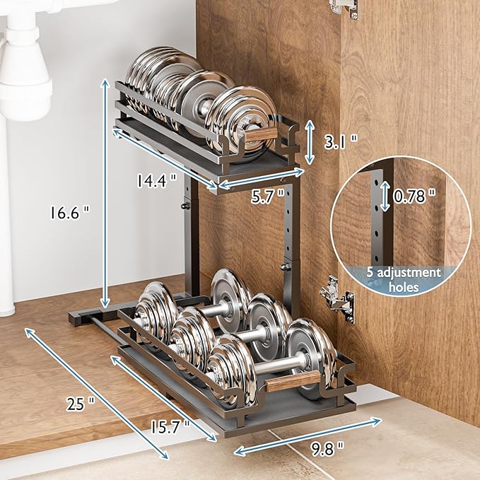 BXINREDA Under Sink Organizers, 2 Tier Slide Out Under Sink Organizers, Under Sink Storage for Bathroom Kitchen (1 Pack)