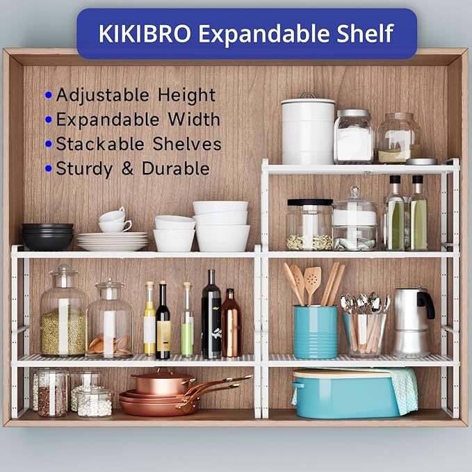 KIKIBRO Expandable Cabinet Shelf Organizers, Kitchen Small Stand Rack Organization for Countertop Cupborad Pantry, White 1 Pack