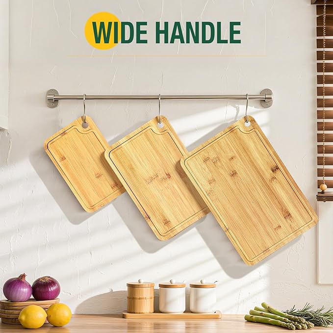 Bamboo Cutting Boards for Kitchen Set of 3, Wooden Cutting Board Non Toxic with Side Handle, HKKZYT Wood Chopping Board with Deep Juice Groove, Knife-Friendly, Kitchen Gift (Light Color)