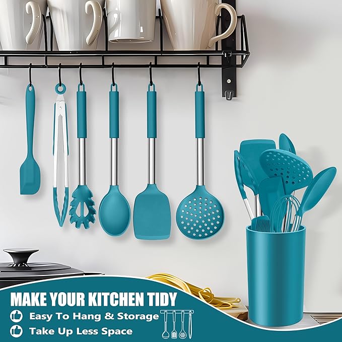 E-far 14 Pieces Silicone Cooking Utensils Set, Kitchen Utensils Set with Holder, Spatula, Ladle, Spoon, Tong, Slotted Turner for Nonstick Cookware, 446°F Heat Resistant & Stainless Steel Handle, Blue