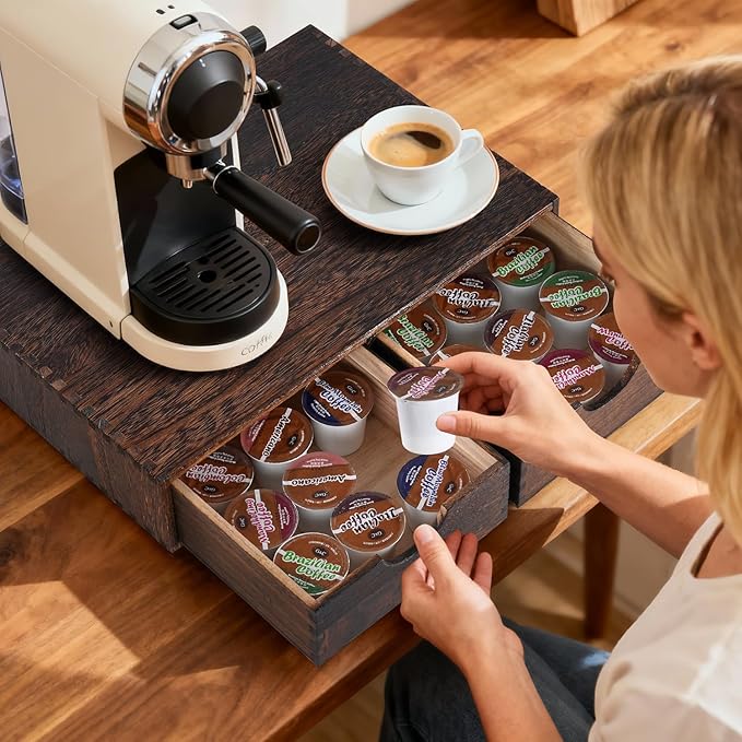 QYJinlida Wooden K Cup Organizer Coffee Pod Storage Box, Coffee Pod and Tea Bag Holder,Kcup Drawer Coffee Maker Stand,Home Kitchen Counter Holds Up to 30 Pods Capacity (2 Drawer) (Carbonized Black)