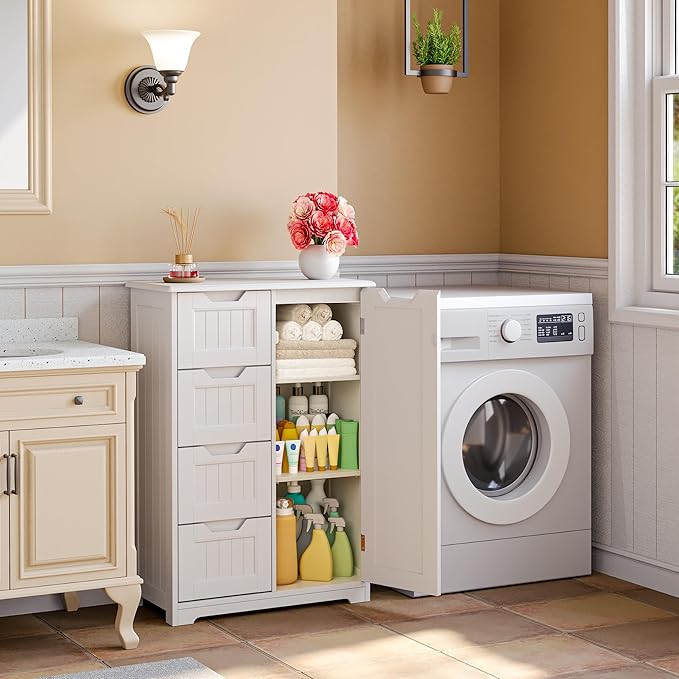 Gizoon Small Pantry with Door and Shelves, 33'' Kitchen Pantry Storage Cabinet Freestanding Wooden Bathroom Storage Cabinet with 4 Drawers for Kitchen and Dining Room, White