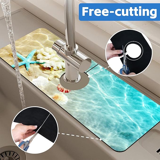 Beach Dish Drying Mat for Kitchen Sink Starfish Coral and Seashell Splash Guard Behind Faucet Sink Mat Absorbent Fast Drying Faucet Draining Mat for Bathroom Kitchen 5.5"×15"