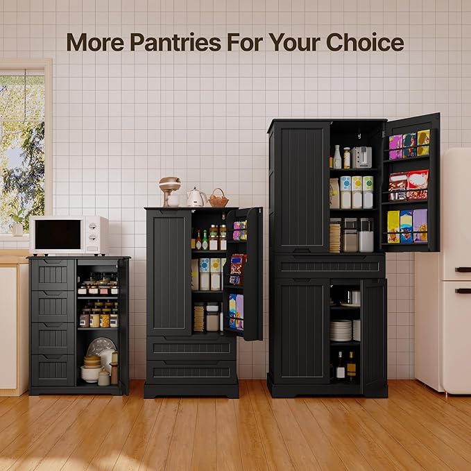 Gizoon Small Kitchen Pantry Storage Cabinet with Door and Shelves, 33'' Kitchen Pantry Cabinet Freestanding Wooden Bathroom Storage Cabinet with 4 Drawers for Kitchen and Dining Room, Black