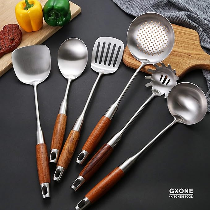 GXONE Spaghetti Spoon,304 Stainless Steel Pasta Spoon with Heat Resistant Wooden Handle,Silver/14.2Inch