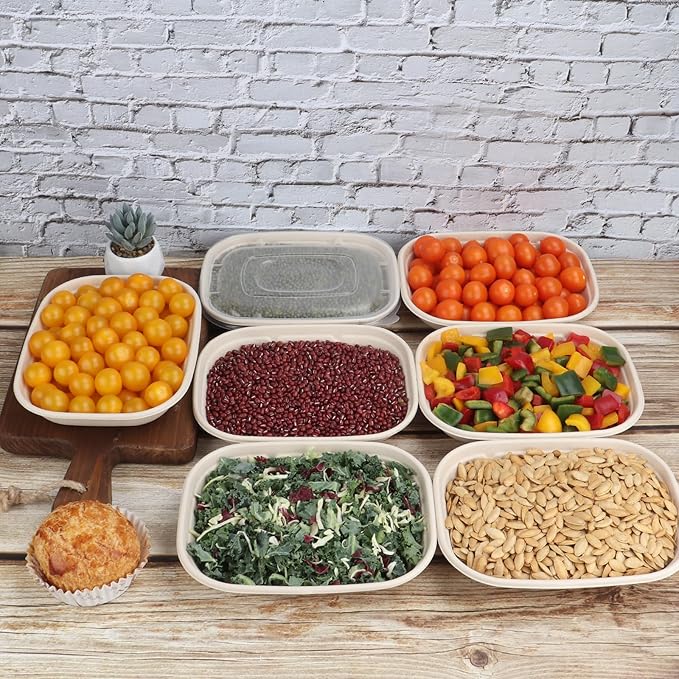 JAYEEY 28 oz Disposable salad bowls with lids, Sugarcane Fiber paper Bowls take away Bagasse food containers meal prep food storage deli container 50 Pack