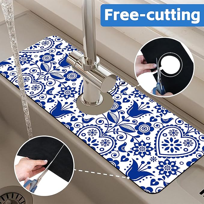 Vintage Bird Heart Floral Dish Drying Mat for Kitchen Sink Navy Blue Sink Splash Guard Faucet Mat Draining Mat Fast Drying Sink Protectors for Kitchen and Bathroom 5.5"×15"