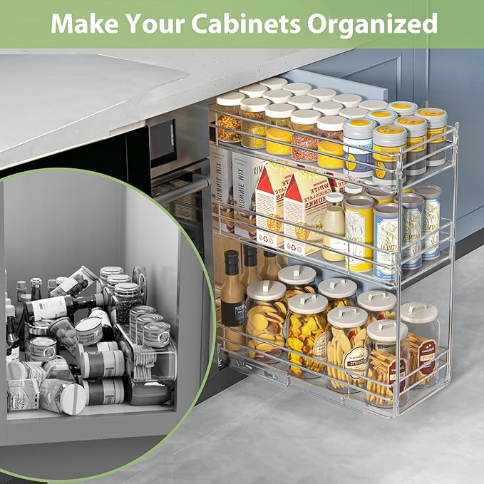 Pull Out Spice Rack Cabinet Organizer (7" W X 20½" D),3 Tier Slide Out Drawer for Narrow Cabinet, Pull Out Shelves Under Cabinet Storage for Kitchen