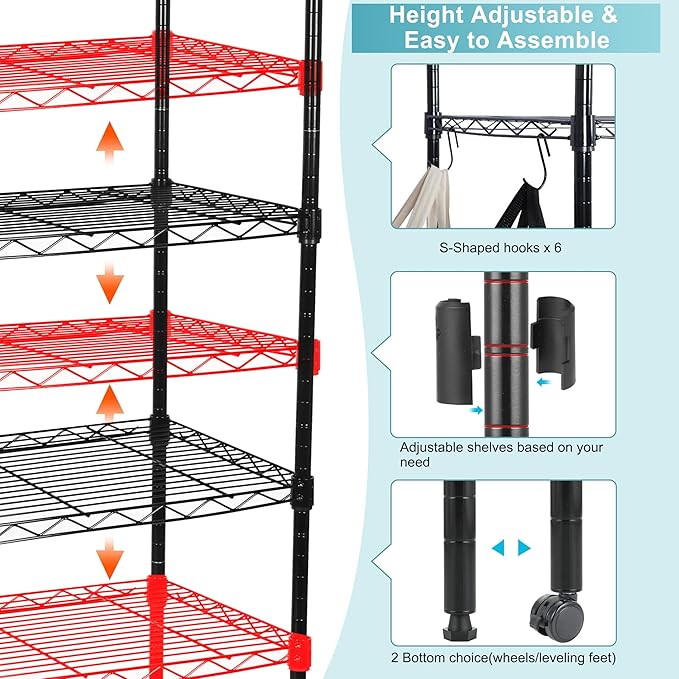 Whitmor 6 Tier Storage Shelves, Heavy Duty with Wheels, 400 lbs Capacity per Shelf, Max 2400 lbs Total, Adjustable Storage Units for Garage, Laundry, Plant, 30" L x 14" W x 70" H, Black