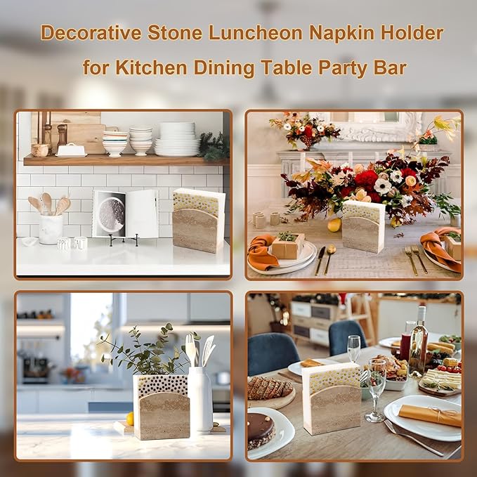 Shonmogar Travertine Stone Napkin Holder,Standing Napkin Holders Fit for 6.5”x6.5” Luncheon-Sized Napkins,Stone Napkin Holder for Table Kitchen Counter Dining Room Party Bar Decor,Beige
