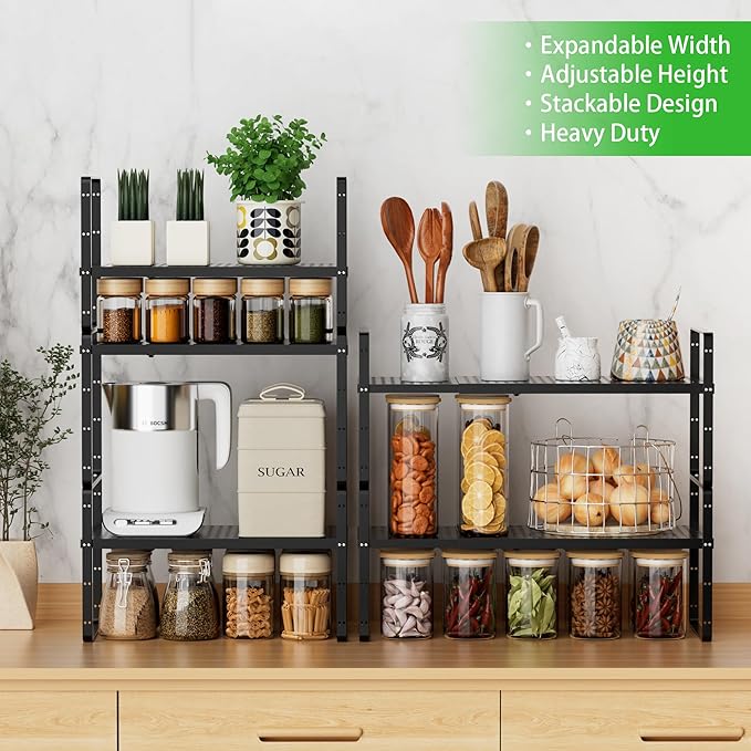 SOFRON Expandable Cabinet Storage Shelf Stackable Organizer Rack for Kitchen Bathroom Pantry Spice Cupboard Coffee Countertop Home Office Desk Heavy Duty Nonslip Black Large 1 PACK
