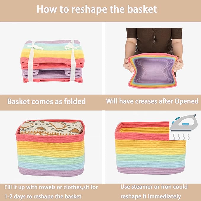 XUANGUO 3-Pack Rainbow Storage Baskets 15X10X9.3“ – Woven Toy Organizer Bins for Kids, Baby Room, Nursery, and Classroom – Cute Square Rope Baskets for Shelves and Organization Rainbow