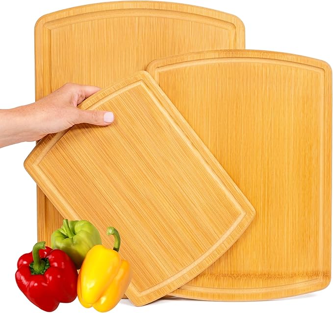 Organic Bamboo Cutting Board Set of 3 with Glue-Free Surface and Lifetime Replacements – Wooden Chopping Board for Kitchen with Juice Grooves for Carving & Serving, Non Toxic & Durable by Greener Chef