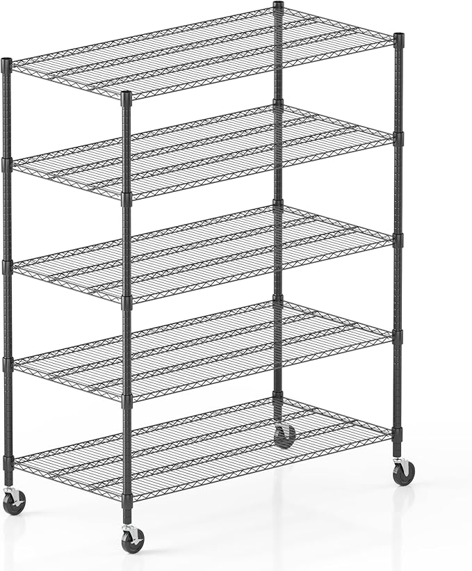 Homdox Heavy Duty Storage Shelves, 5 Tier Wire Shelving Unit with Wheels, Commercial Adjustable Metal Shelves for Storage, Garage Rack Pantry Shelves Kitchen Shelving, 24"x60"x82", Black