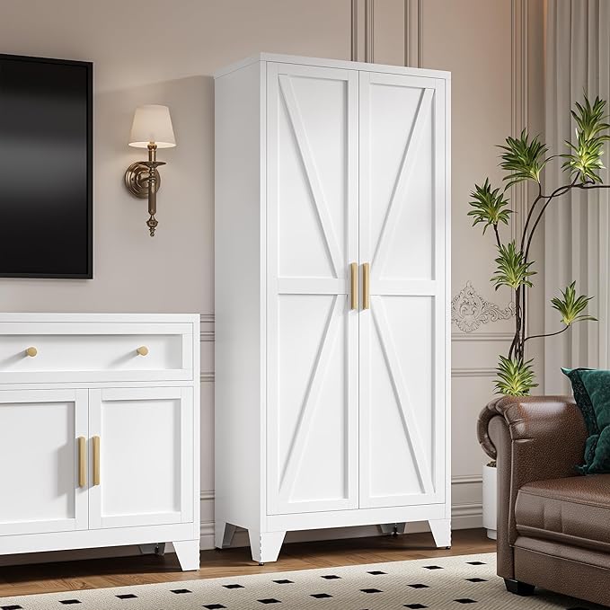 LCAOPC 71" Tall Metal Storage Cabinet with 2 Doors and 4 Adjustable Shelves, 5-Tier Kitchen Pantry Storage Cabinet for Kitchen, Living Room, Dining Room and Office, White