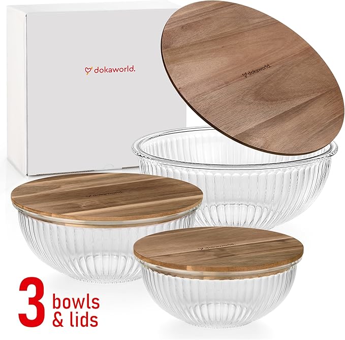 dokaworld Set of 3 Stackable Space-Saving Nesting Glass Salad Bowls with Acacia Lids for Foodprep, Storage, Baking, Mixing & Cooking - Microwave Safe Durable Inert Borosilicate Glass