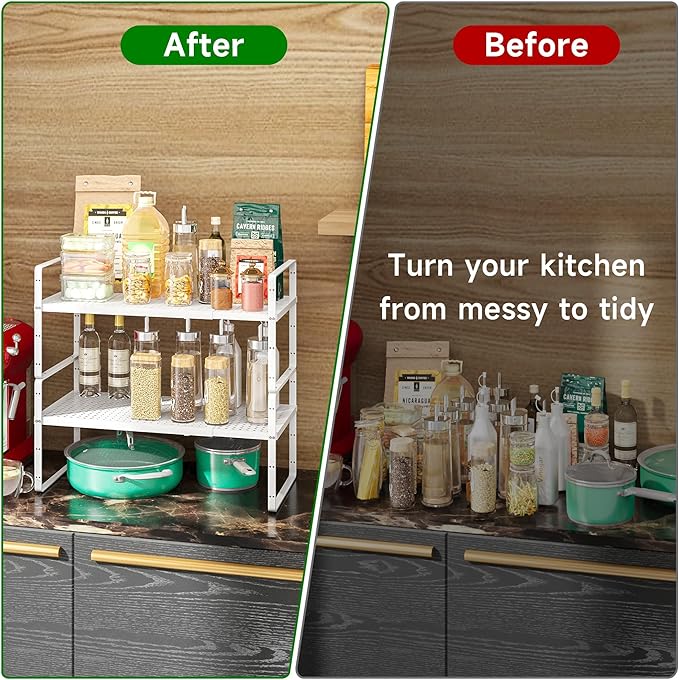 LOCVCDA Expandable Kitchen Cabinet Shelf Organizer Rack Heavy Duty Metal Spice Rack Stackable Kitchen Counter Storage Shelf for Cabinet Pantry Bathroom (White- 16.5"-27" L x 8" W x 9.6" H - 1Pack)