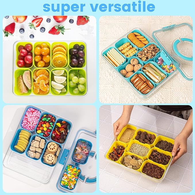 Divided Serving Tray with Lid and Handle - Snackle Box Charcuterie Container for Portable Snack Platters Organizer for Candy, Fruits, Nuts, Snacks - Perfect for Party, Entertaining, Pink