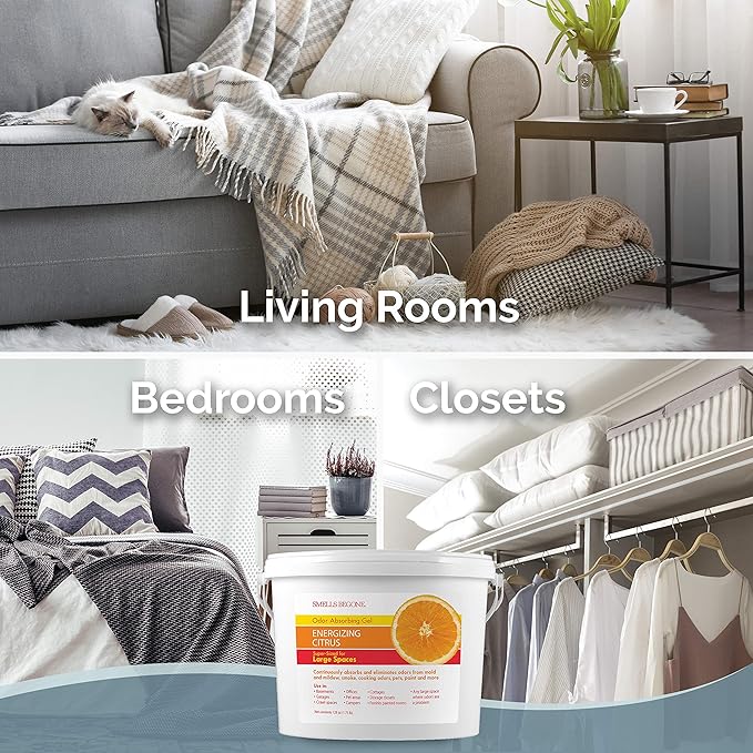 SMELLS BEGONE 1-Gallon Gel Odor Eliminator – High-Capacity, Long-Lasting Absorber for Large Basements, Garages, Workshops & Commercial Areas – Remove Tough Odor with Essential Oils (Energizing Citrus)