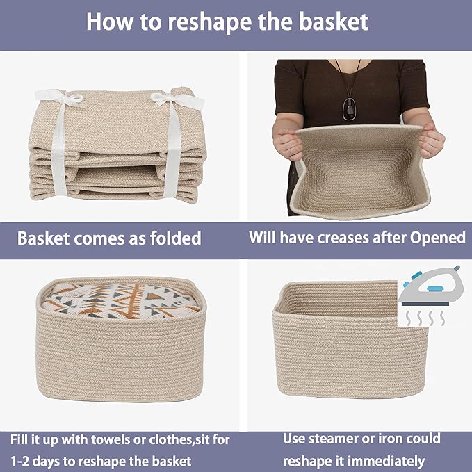 XUANGUO Rope storage Basket Bins Woven Basket for Organizing Shelves 15X10X9.3" Rectangle Decorative Baskets For storage Clothes Toys Books Towels Nursery basket organizer 3 pack Oatmeal