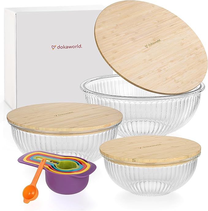 dokaworld Stackable Space-Saving Nesting Set of 3 Glass Bowls with Bamboo Lids for Foodprep, Storage, Mixing & Cooking - Microwave & Oven Safe BPA Free Durable Heat Resistant Inert Borosilicate Glass
