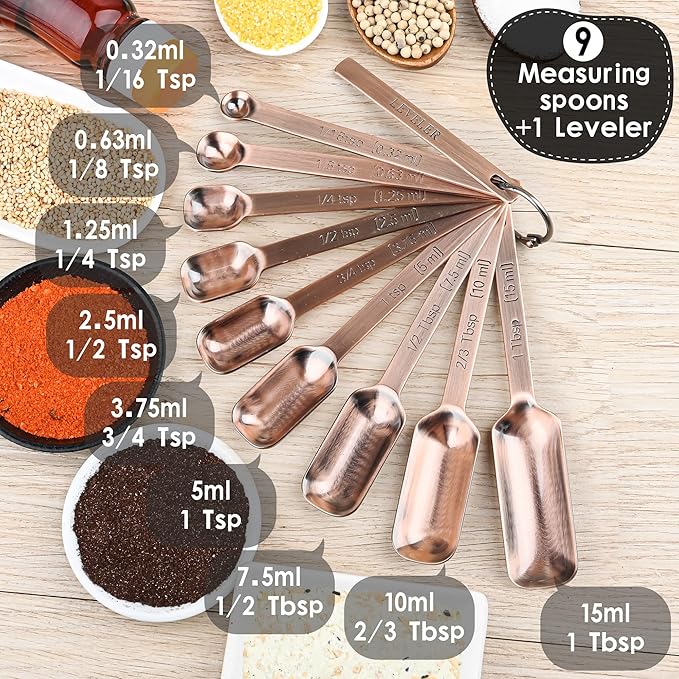zoyizi Copper Measuring Spoons Set 10, Stainless Steel Measuring Spoons for Kitchen & Baking, Long Handle Metric & US Metal Measure Spoon with 1/16tsp, 3/3tsp, 2/3tbsp for Spice Jar