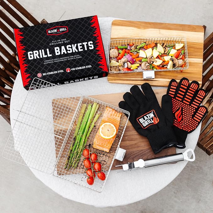 Blazin' Grill Grill Baskets for Outdoor Grill | 2 Grilling Baskets with Detachable Handle | Barbecue Grill Set with BBQ Gloves | Portable Camping Net Rack Perfect for Vegetables, Seafood & Meat