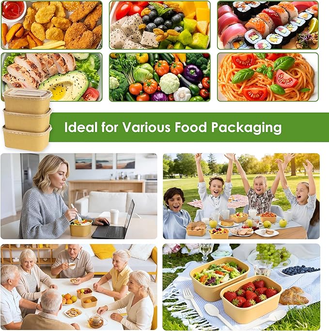 FEHHTO 50-Pack 30oz Meal Prep Containers Disposable Kraft Paper Bowls with Lids & Compostable Cornstarch Forks, Extra Large Heavy Duty Food Containers, Microwave & Freezer Safe for Hot & Cold Foods