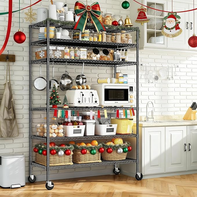 82" H X45 W X18 D Storage Shelves with Wheels, 6 Tier Wire Shelving Adjustable Metal Shelving Pantry Shelves Capacity 1200LBS for Garage Shelving, Pantry, Kitchen, Closet, Commercial, Black