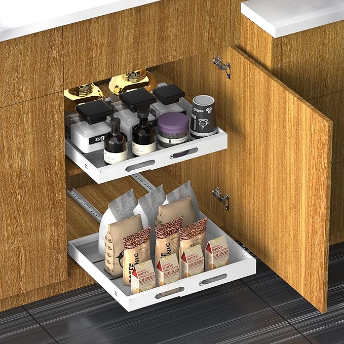 Expandable Pull Out Cabinet Organizer 17" Deep, Adhesive Pull Out Drawers For Cabinets 13.4"W - 19.7"W,No Drill Pull Out Cabinet Organizer Expandable, Expandablet Drawer For Kitchen, Pantry, Bathroom