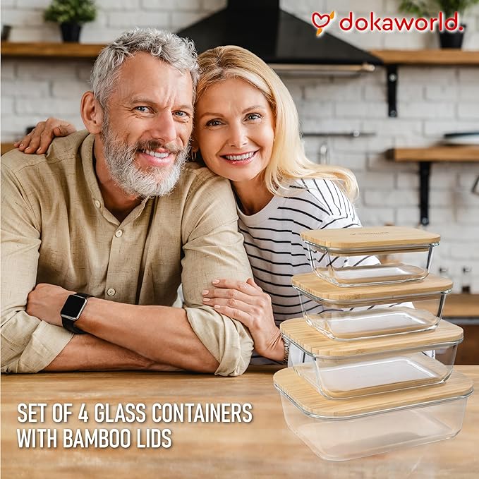 dokaworld Set of 4 Stackable Space-Saving Nesting Glass Containers with Airtight Bamboo Lids - Lunch, Meal & Food Prep - Microwave & Oven Safe BPA Free Durable Heat Resistant Inert Borosilicate Glass