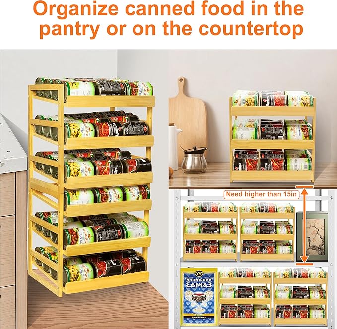 MinBoo Bamboo Can Organizer for Pantry - Stackable Can Rack for 36 Cans, Canned Food Storage, Pantry Shelf, Kitchen Cabinet or Countertop,Large