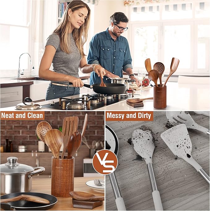 15Piece Wooden Spoons for Cooking Natural Teak Wooden Kitchen Utensils Set Comfort Grip