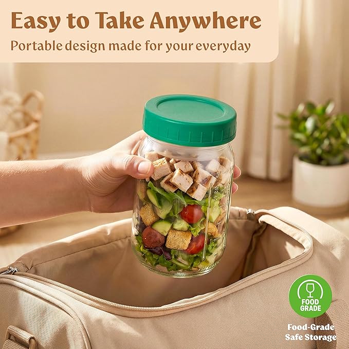 4 Pack Glass Salad Jars with Lids for Meal Prep, Leakproof Container with Two Small Built in Cups for Wet/Dry Separation for Salad Dressing and Ingredients, 32oz Mason Jars (Dark Green)
