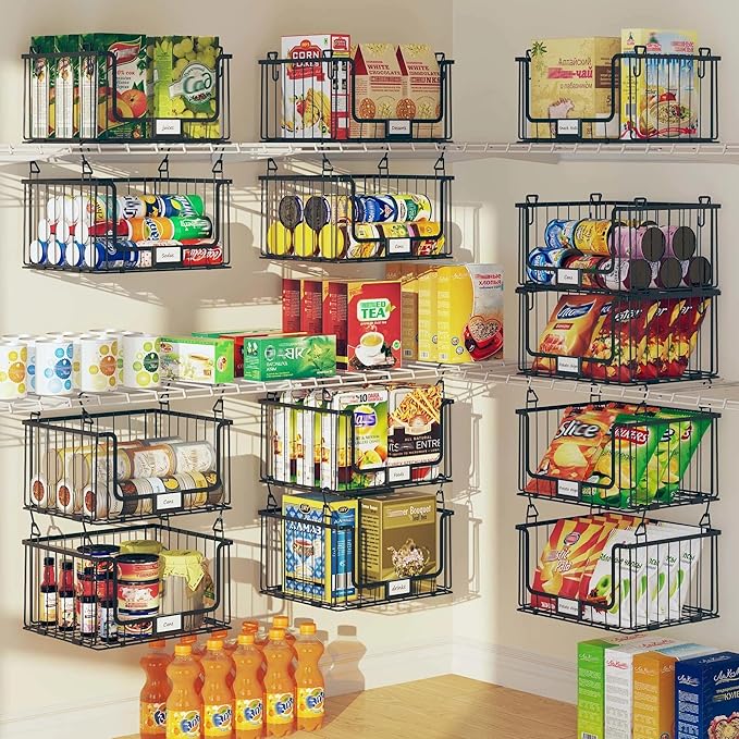 4-Tier Hanging Laundry Room Organizer with Label Cards,Foldable Wire Shelf Basket with 4 Rotating Hooks,Stacked Laundry Basket Organizer,Storage Rack for Laundry Rooms,Closet and Pantry-Black